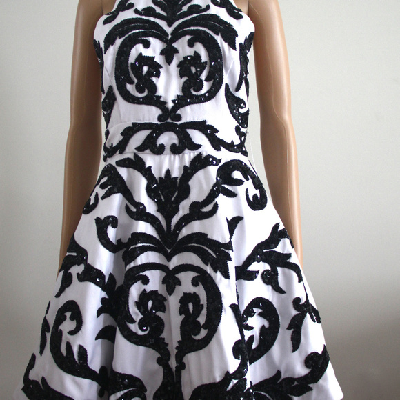 Alice + Olivia White Black Sequin Skater Dress - Picture 5 of 7